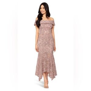 Xscape Off-The-Shoulder Gown with Ruffled Overlay for Wedding Guest